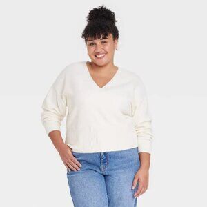 NWT Ava & Viv Cream V-Neck Faux Wrap Sweater Size 1X